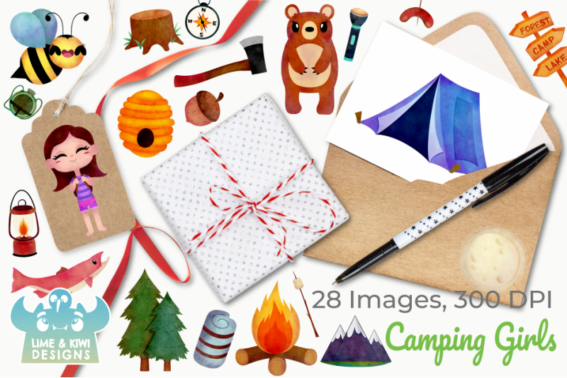 camping-girls-watercolor-clipart-instant-download
