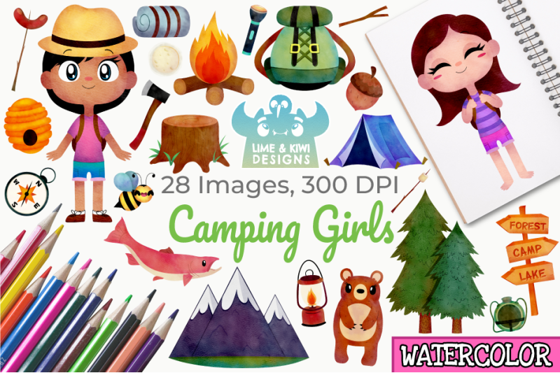 camping-girls-watercolor-clipart-instant-download