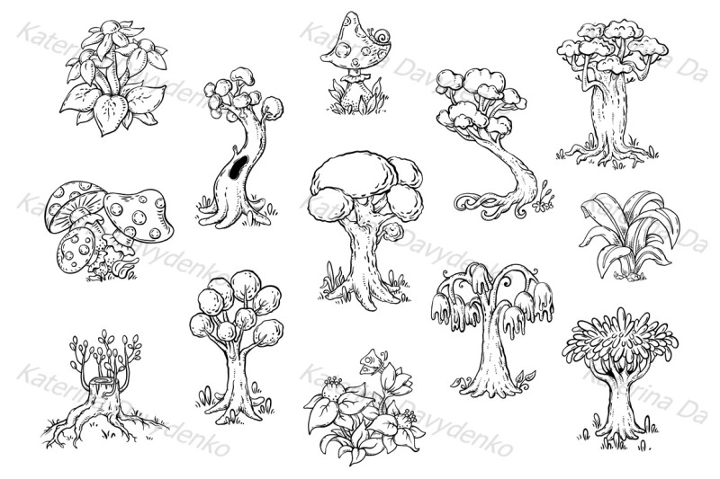 set-of-different-cartoon-trees-vector