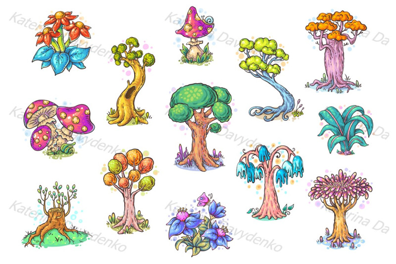 set-of-different-cartoon-trees-vector
