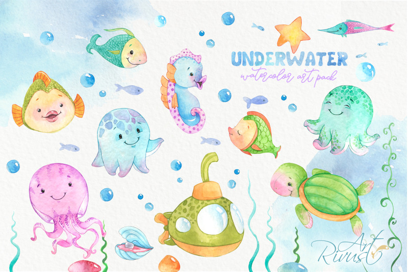 mermaid-and-underwater-friends-png-watercolor-clipart-pack