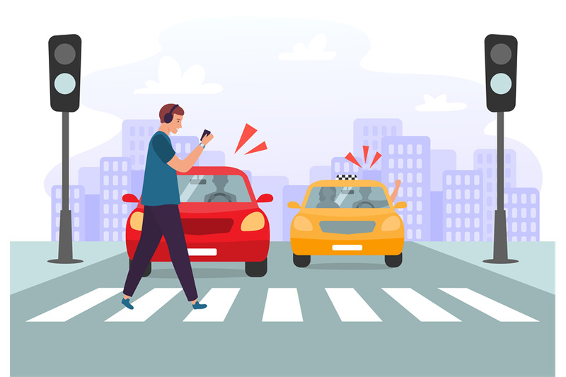 crosswalk-accident-pedestrian-with-smartphone-and-headphones-crossing