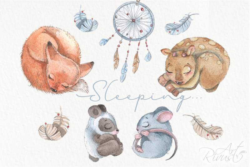 boho-watercolor-sleeping-animals