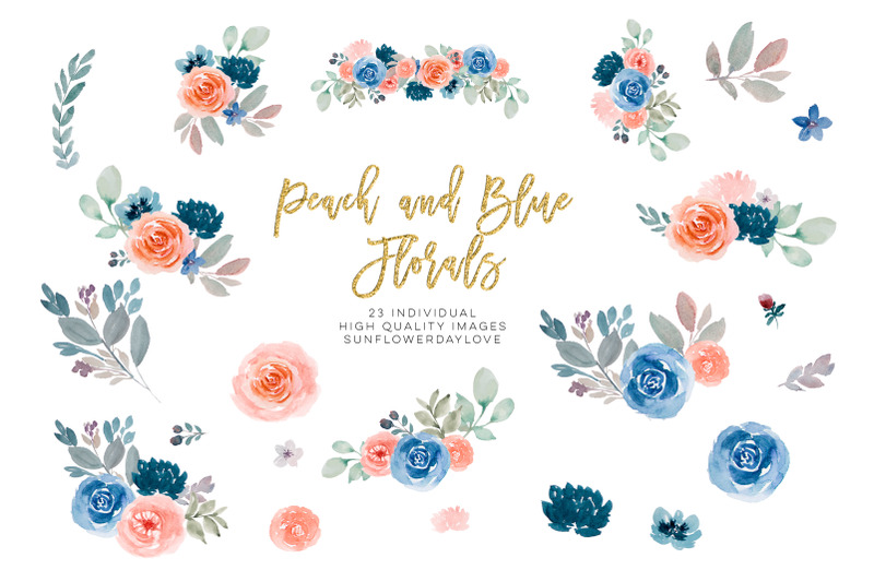 navy-watercolor-floral-clip-art-peach-flower-border-wedding-graphics