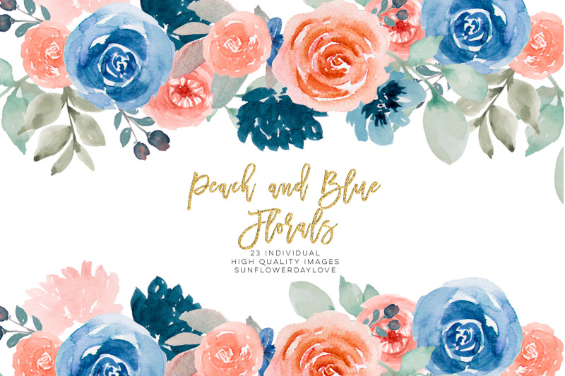 navy-watercolor-floral-clip-art-peach-flower-border-wedding-graphics