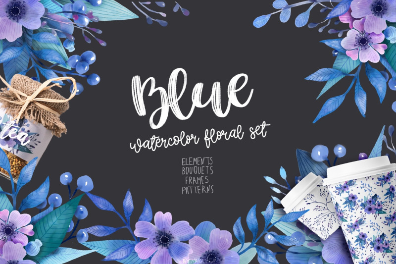 blue-watercolor-floral-set