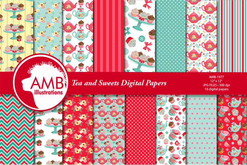 tea-time-digital-papers-teapot-tea-cups-cupcake-papers-amb-1977
