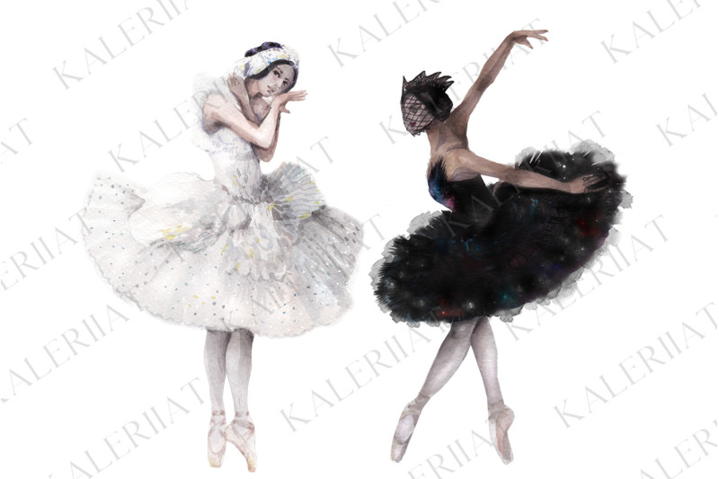 2-watercolor-ballet-dancers-black-and-white-swans-set