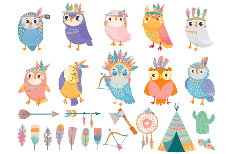 wild-tribal-owl-cartoon-owls-with-tribals-feathers-forest-birds-and