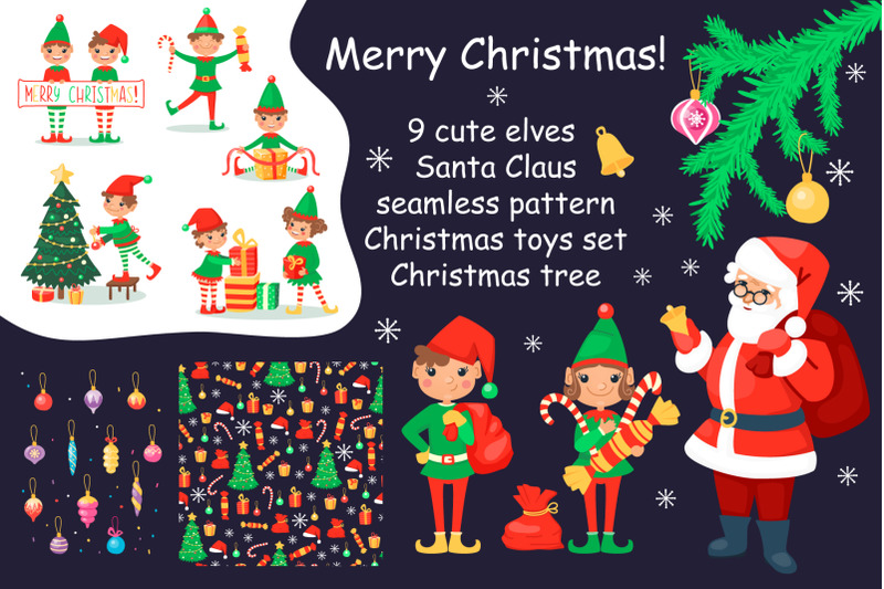 christmas-cartoon-set-with-elves-and-santa-clause