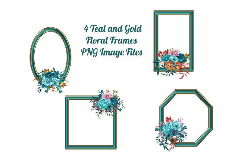 4-geometric-teal-and-gold-floral-frames-transparent-png-files
