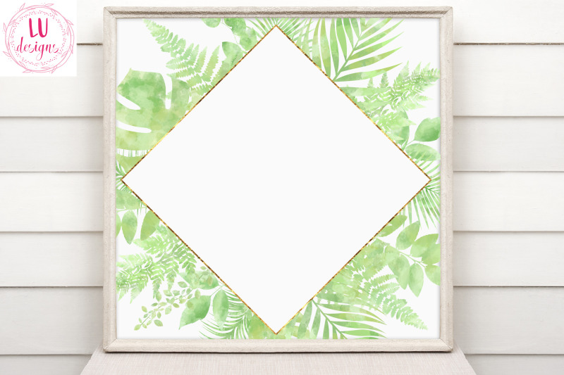 watercolor-botanical-foliage-frames-greenery-gold-frames