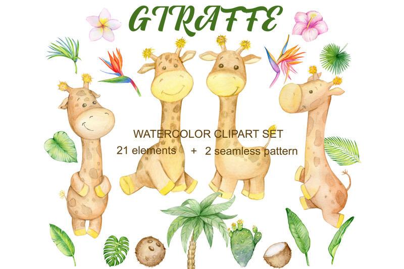 giraffes-watercolor-clipart-2-seamless-pattern-cute-tropical-giraffe