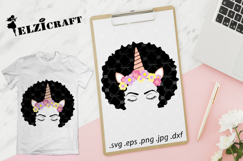 afro-woman-face-afro-hair-makeup-unicorn-flower-svg-cut-file