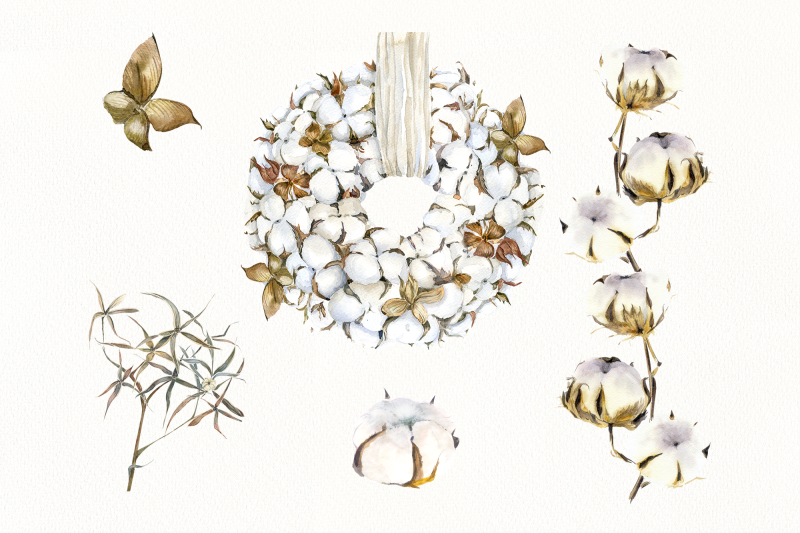 watercolor-cotton-wreath-and-branches