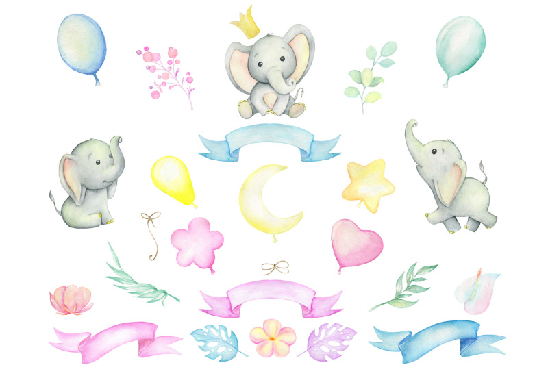 cute-baby-elephants-watercolor-tropical-set-elephant-tropical-plant