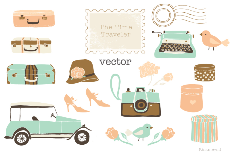 vector-graphics-vintage-wedding-photography-camera-car-automobile-suitcases-typewriter-stamp-clipart