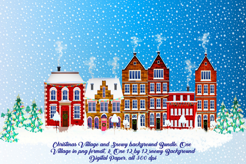 Christmas Village Clip Art PLUS Bonus Snowy Background By Me and Ameliè