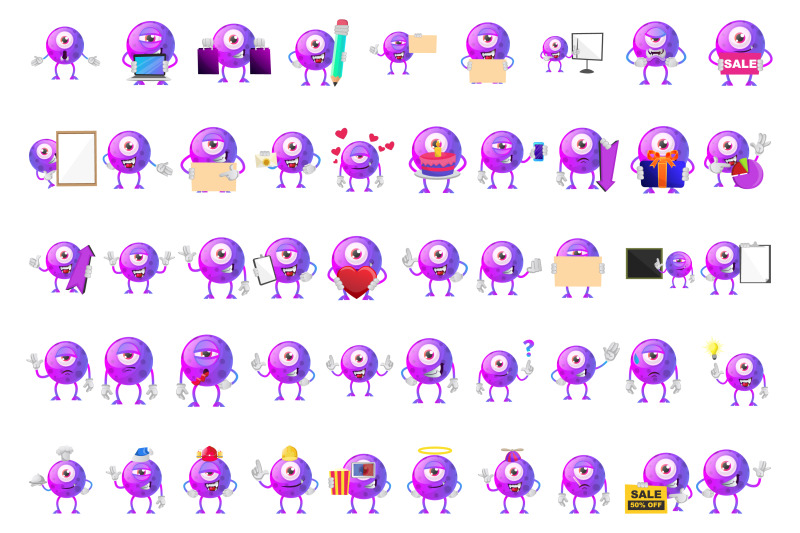 49x-funny-purple-ball-monster-expressions-illustrations