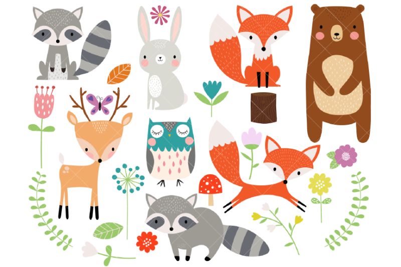 woodland-animal-clipart-fox-bear-raccoon-deer-owl
