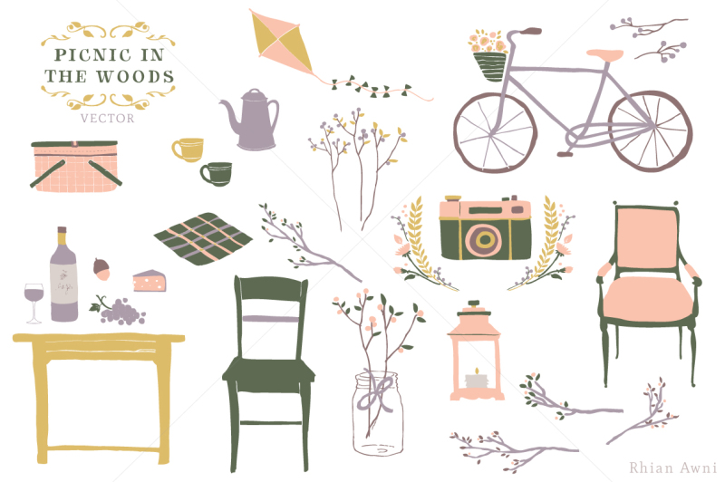 vector-graphics-flower-rustic-wedding-clipart-picnic-woods-clip-art-bike-louis-chair-food-kite-floral-camera-botanical-tea-coffee-kettle-kite-lantern
