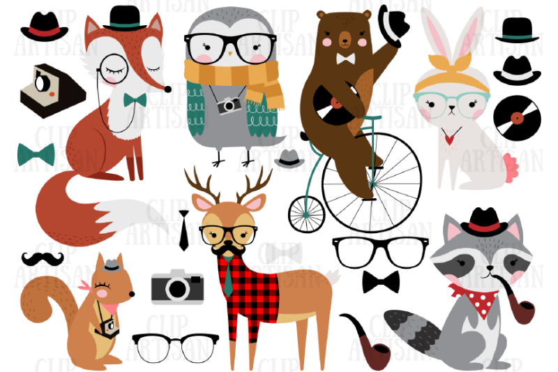 hipster-animals-clipart-woodland-animals-clip-art