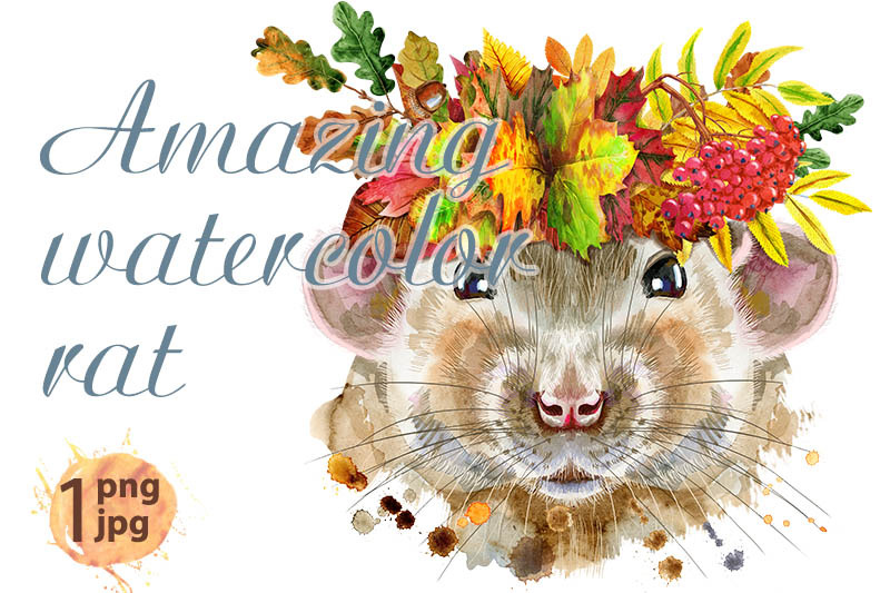 watercolor-portrait-of-rat-with-splashes-with-wreath-of-leaves