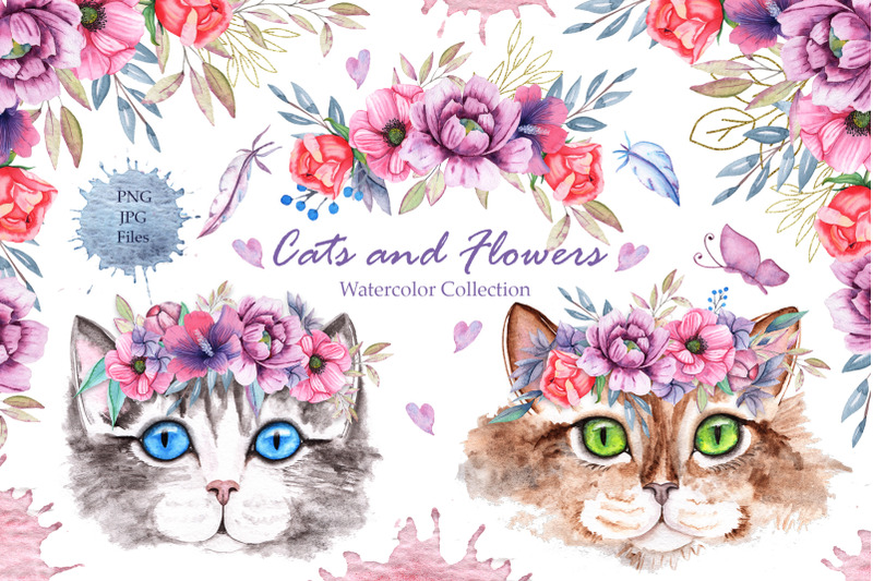watercolor-cats-and-flowers