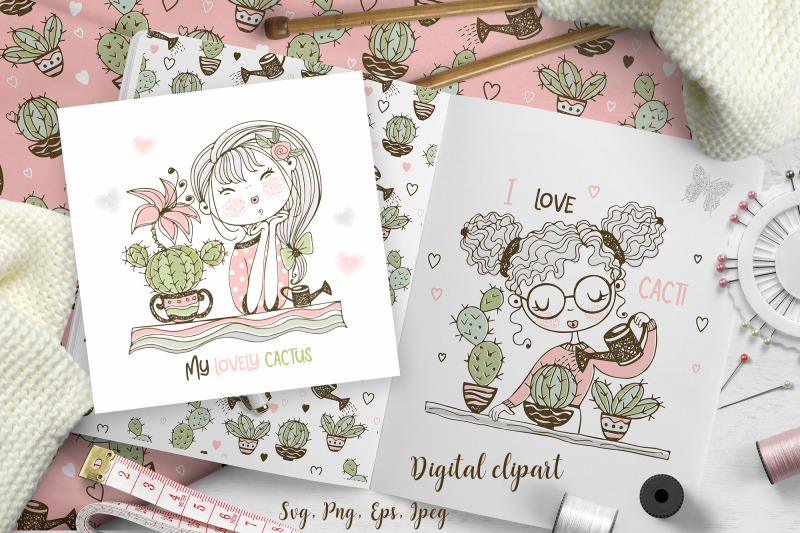 cute-girls-grow-cacti-svg-png-digital-cliparts-in-doodle-style
