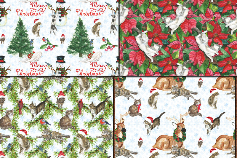 watercolor-christmas-cats-seamless-patterns