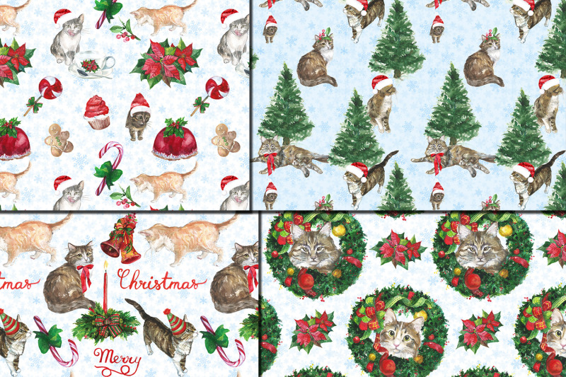 watercolor-christmas-cats-seamless-patterns