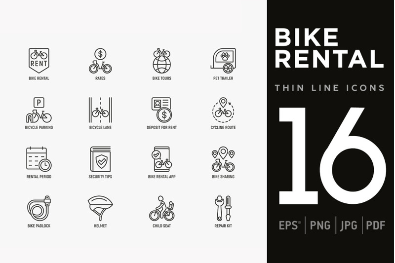 bike-rental-16-thin-line-icons-set