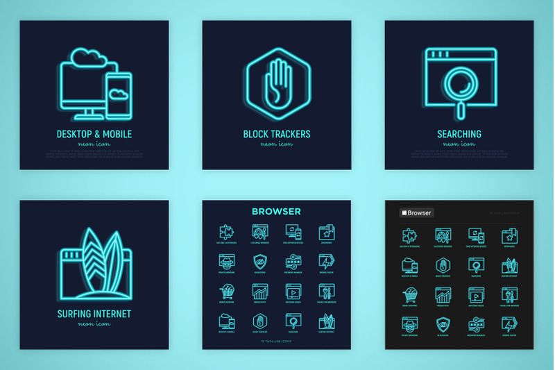 browser-neon-16-thin-line-icons-set