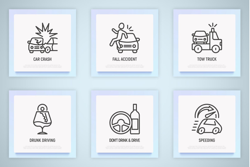 car-accident-16-thin-line-icons-set