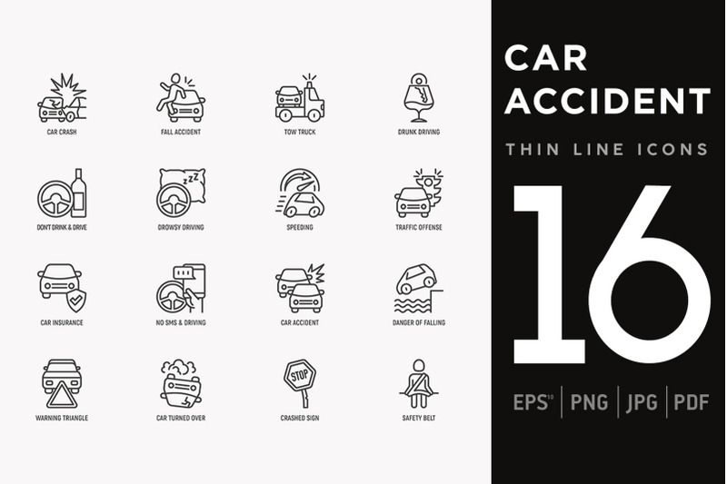 car-accident-16-thin-line-icons-set