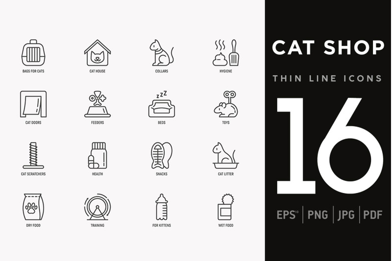 cat-shop-16-thin-line-icons-set