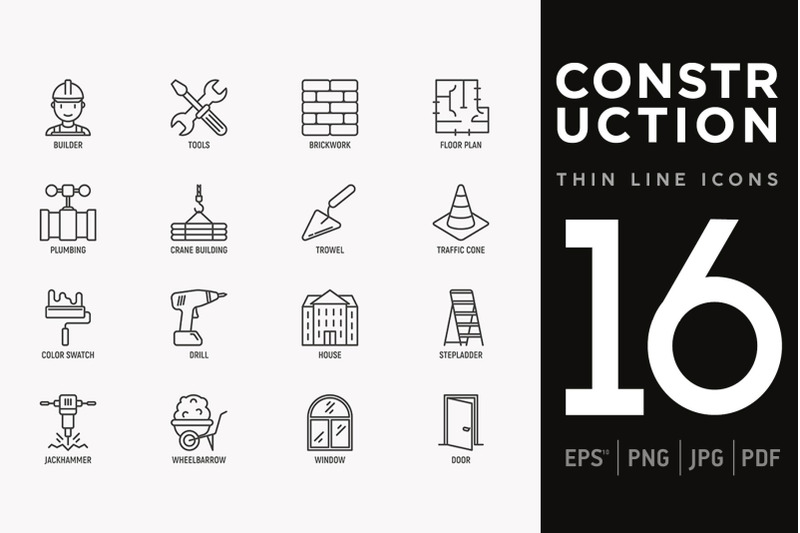 construction-16-thin-line-icons-set