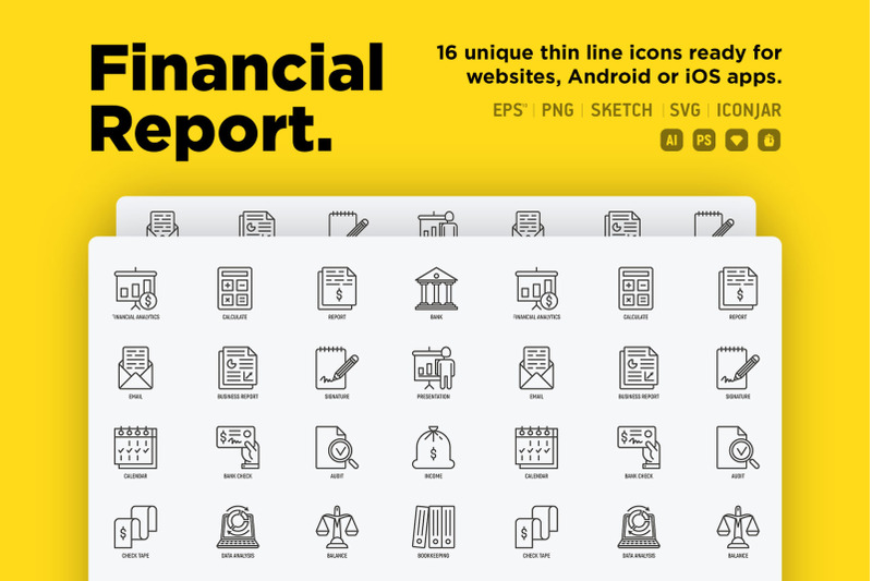 financial-report-16-thin-line-icons-set