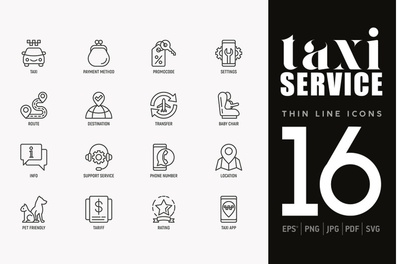taxi-service-16-thin-line-icons-set