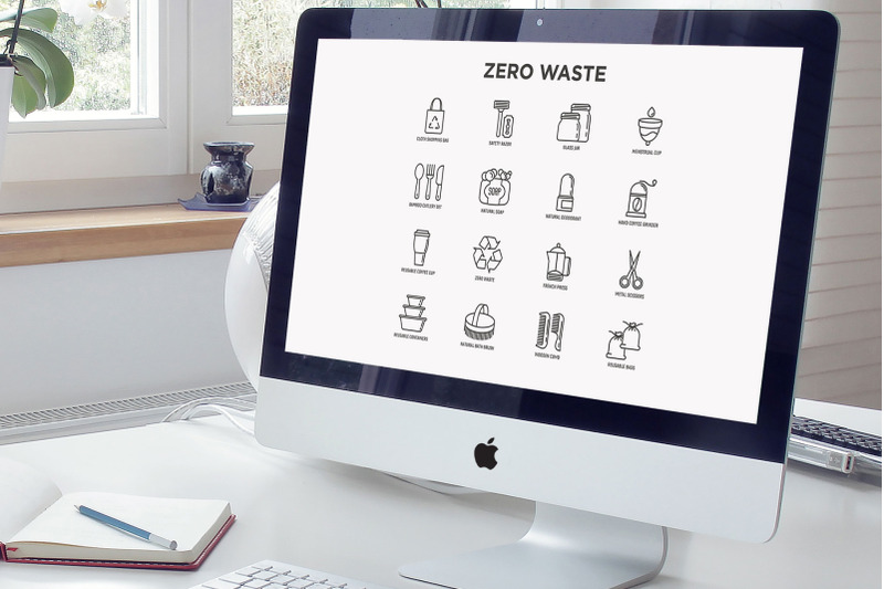 zero-waste-16-thin-line-icons-set