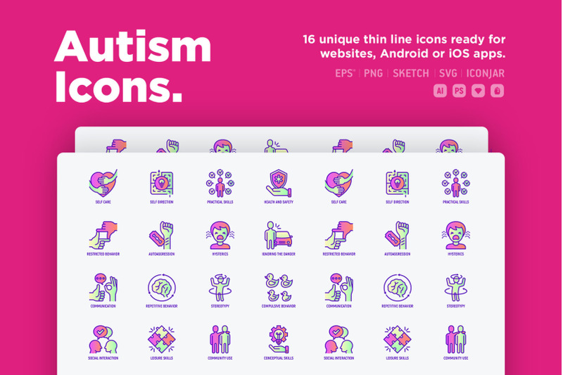 autism-16-thin-line-icons-set