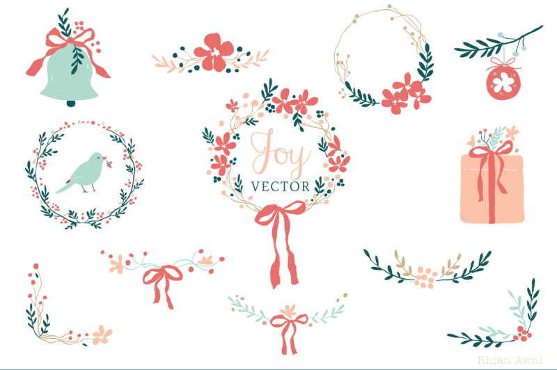 vector-graphics-holiday-and-christmas-clip-art-for-personal-and-commercial-use-wreath-bell-gift-bow-lace-bird-berry