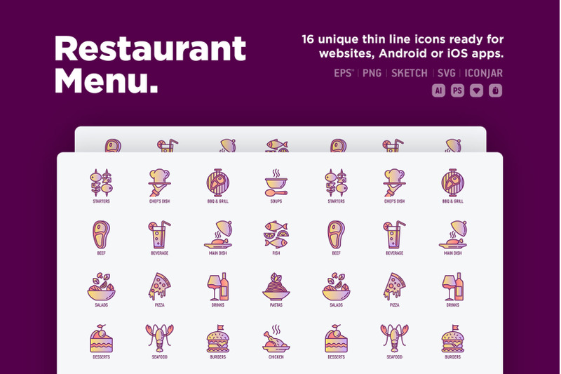 restaurant-menu-16-thin-line-icons-set