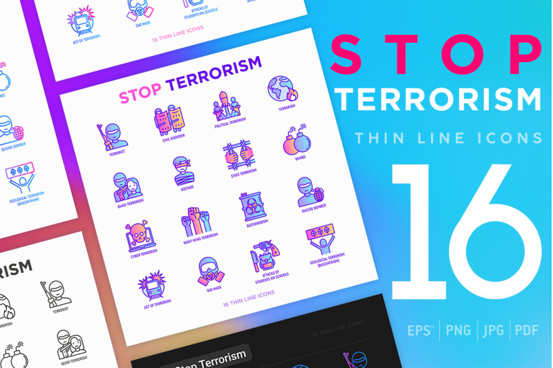 stop-terrorism-16-thin-line-icons-set