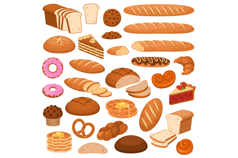 cartoon-bread-and-cakes-bakery-wheat-products-rye-breads-baguette