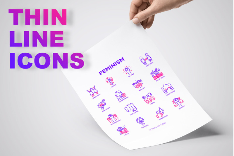 feminism-16-thin-line-icons-set