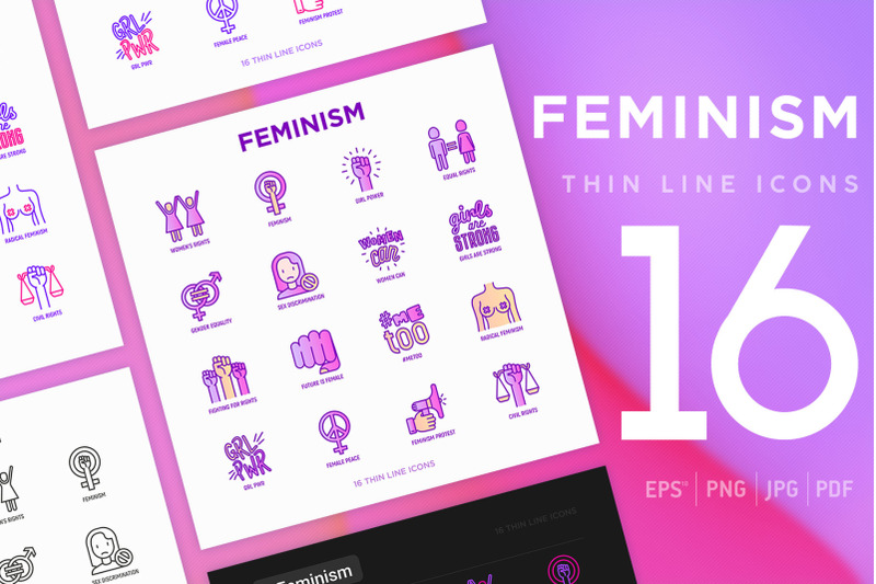 feminism-16-thin-line-icons-set