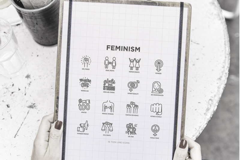 feminism-16-thin-line-icons-set