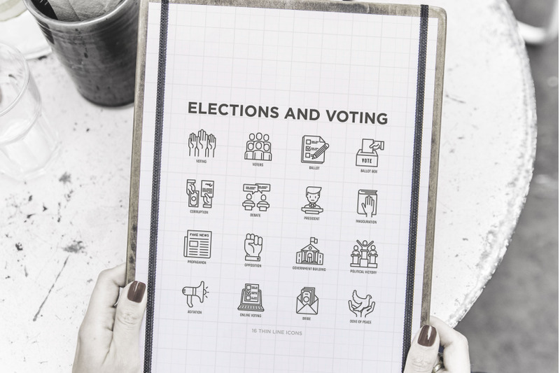 elections-and-voting-16-thin-line-icons-set