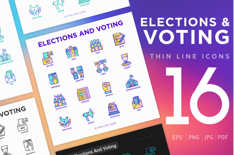 elections-and-voting-16-thin-line-icons-set